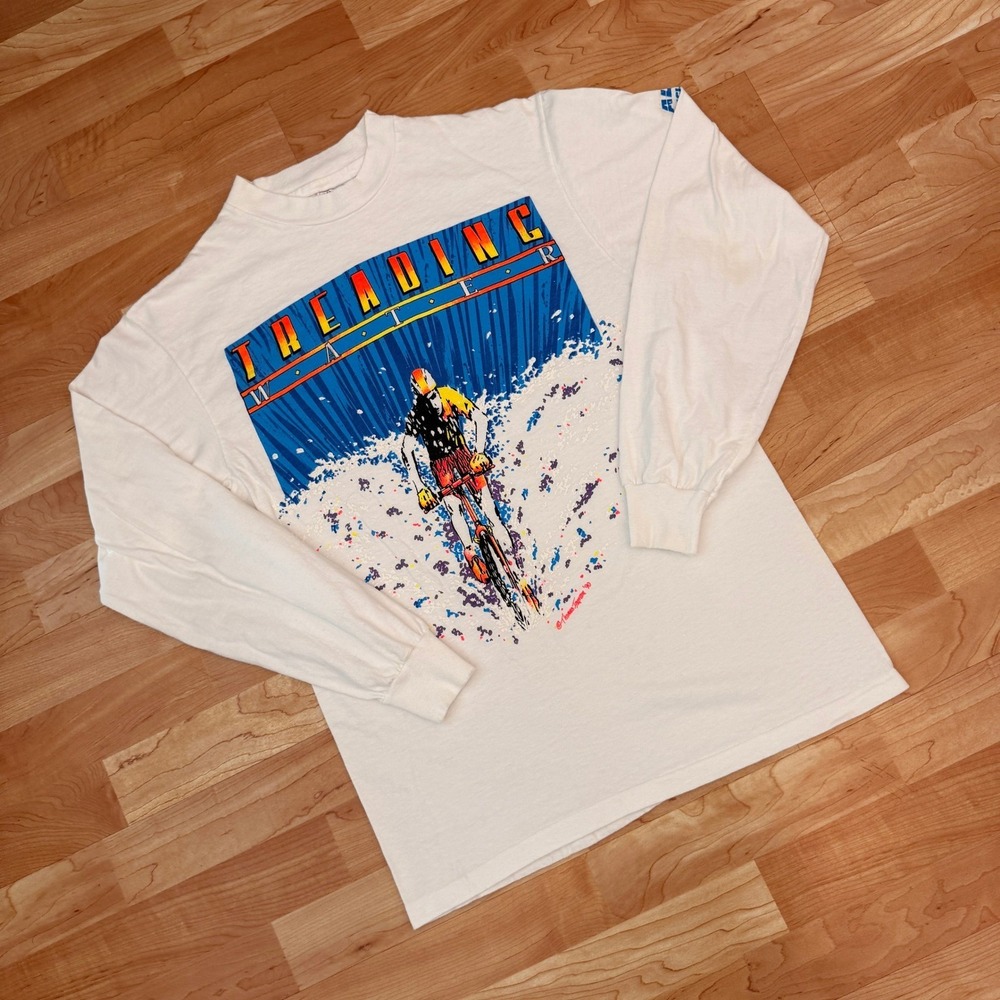 Vintage 1990 Hanes Beefy-T Treading Water Long Sleeve Shirt Mens Medium White